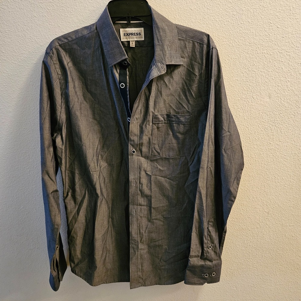 Express Men's‎ Long Sleeve Button-Down  Dark Gray Shirt Sz M Fitted 100% Cotton